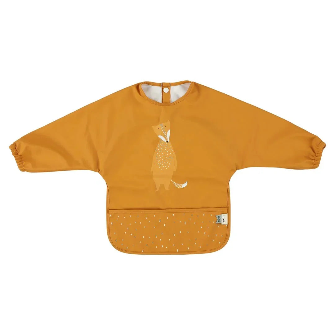 Bavoir bébé à manches longues jaune moutarde avec imprimé renard, matière imperméable, poche frontale