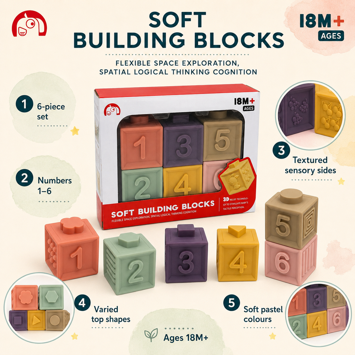 Soft silicone building blocks infographic showing six pieces, numbers 1–6, tactile textures and geometric top shapes