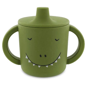 green silicone sippy cup with two handles and cute dinosaur face design
