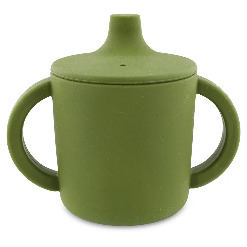 olive green silicone sippy cup with dual handles and spout lid