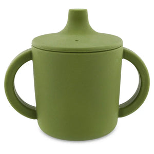olive green silicone sippy cup with dual handles and spout lid