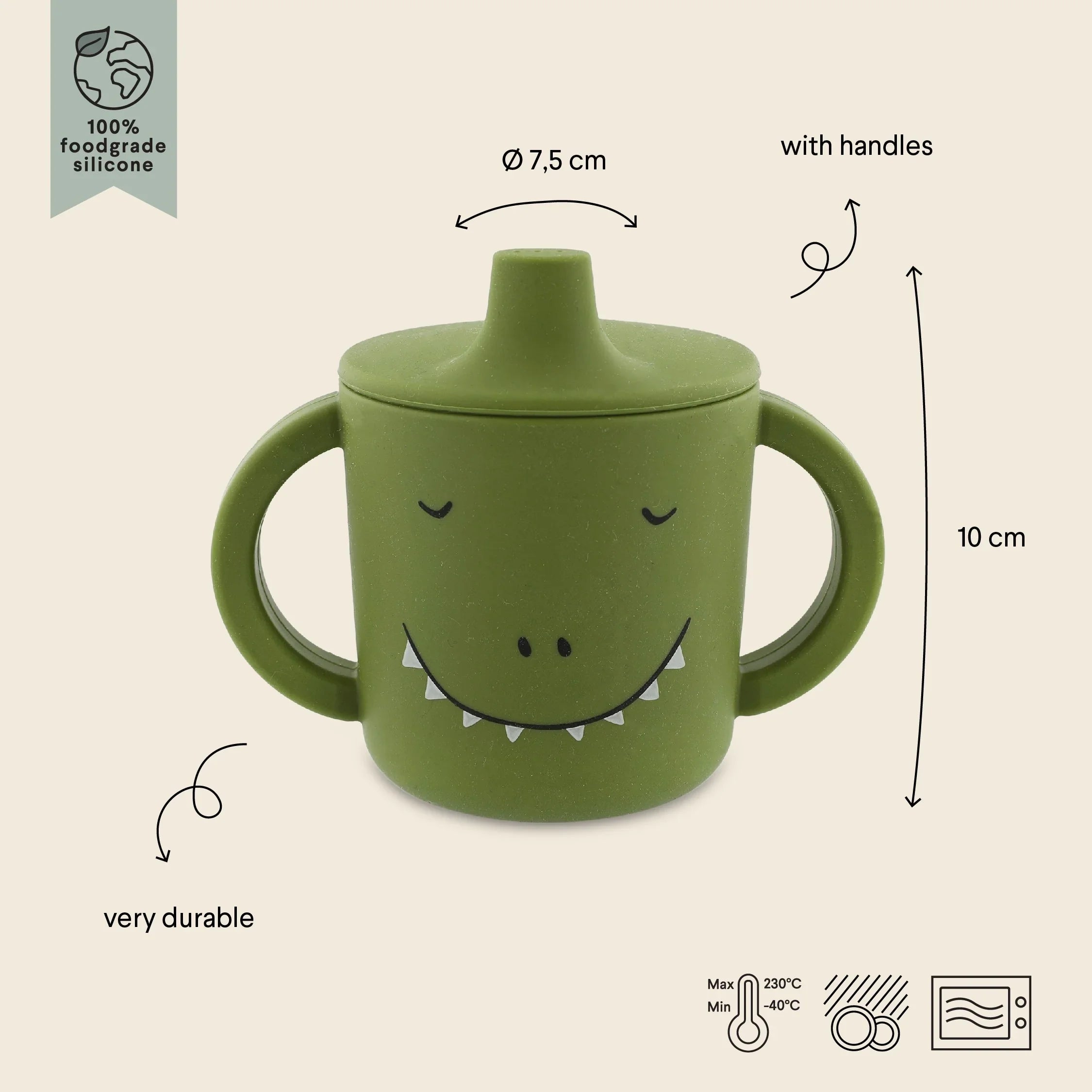 Green silicone sippy cup with handles, dinosaur face design, food-grade, durable, 7.5x10 cm.