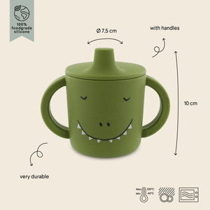 Green silicone sippy cup with handles, dinosaur face design, food-grade, durable, 7.5x10 cm.