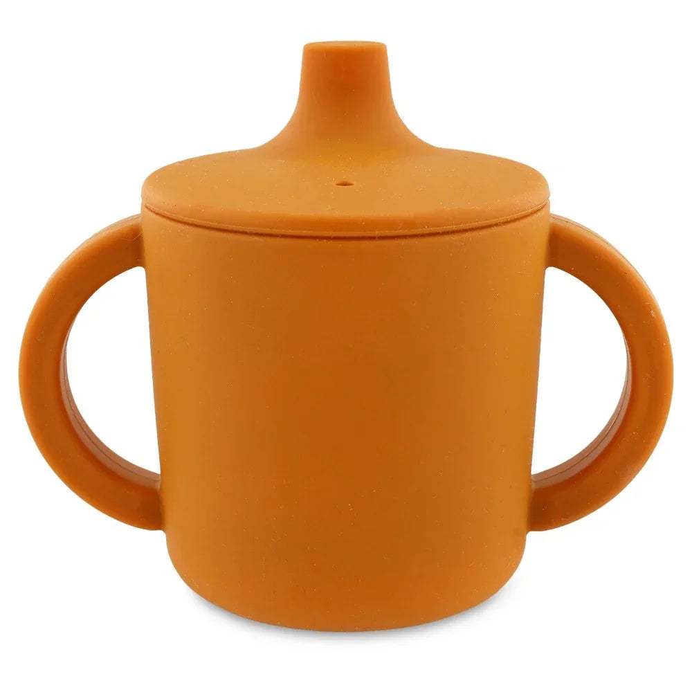 Gobelet à bec en silicone orange avec deux anses et couvercle anti-fuite pour tout-petits