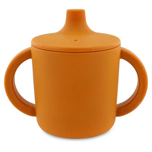 Gobelet à bec en silicone orange avec deux anses et couvercle anti-fuite pour tout-petits