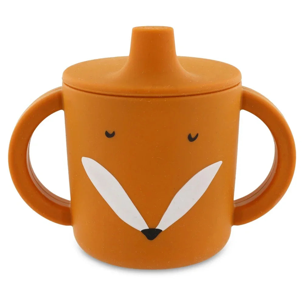 Gobelet à bec en silicone orange avec motif tête de renard et deux anses