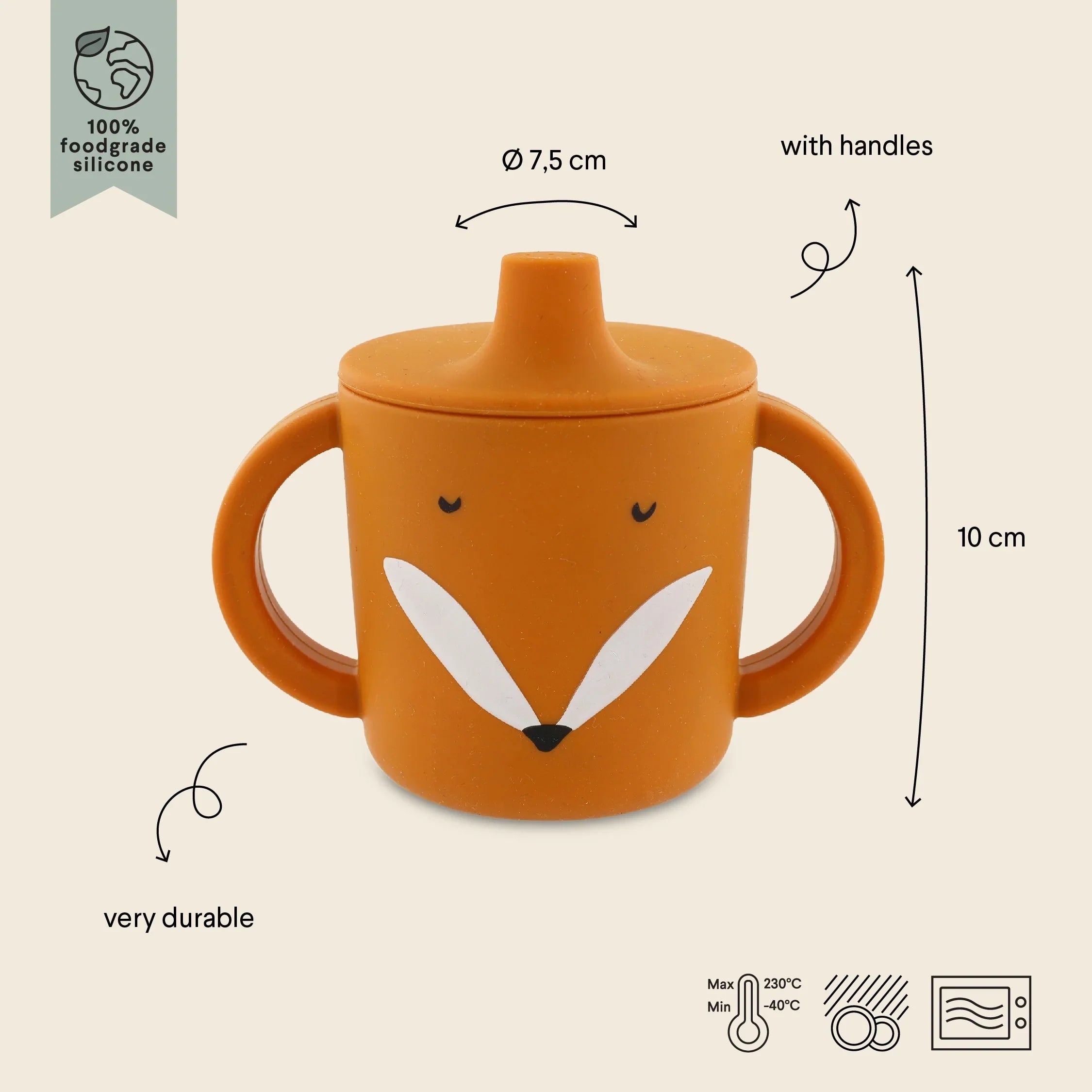 Gobelet à bec en silicone orange avec motif tête de renard, deux anses, sans BPA, 10 cm de hauteur