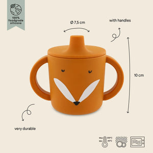 Gobelet à bec en silicone orange avec motif tête de renard, deux anses, sans BPA, 10 cm de hauteur