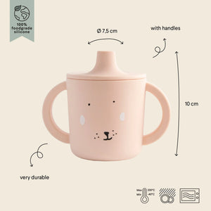 Tasse d'apprentissage en silicone rose blush avec anses, adorable motif lapin, durable, 10 cm de hauteur