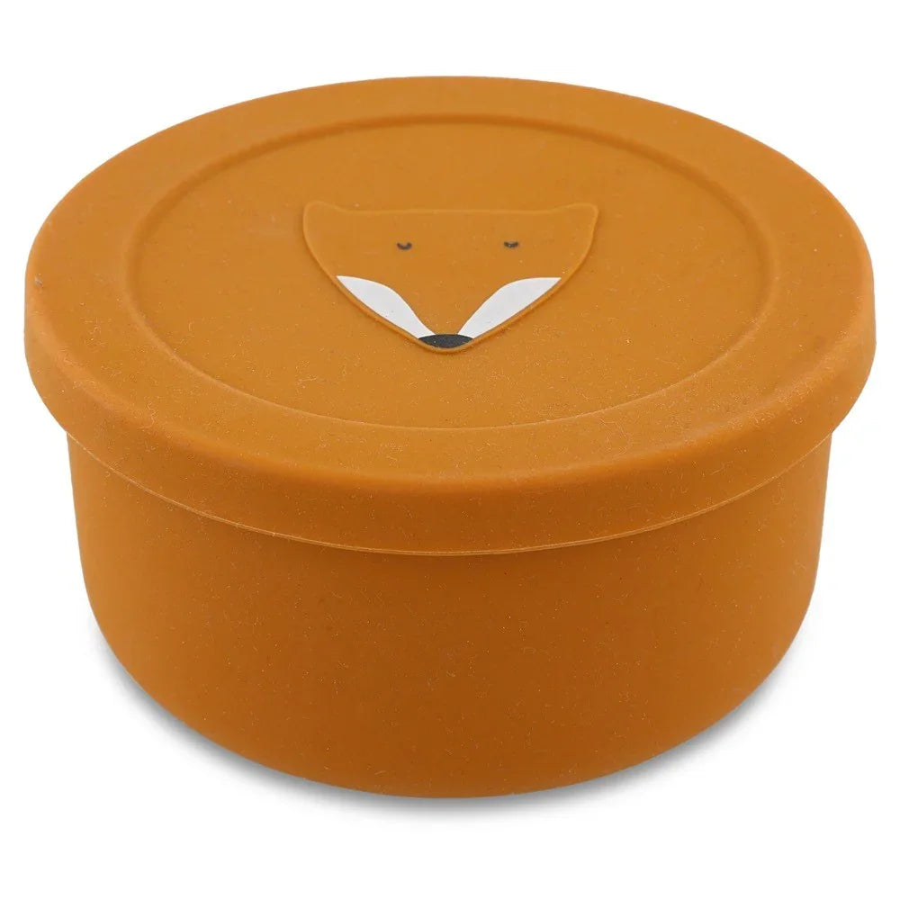 Recipiente de silicona naranja para snacks con tapa y diseño de cara de zorro