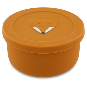 Récipient à goûter en silicone orange avec couvercle et motif tête de renard