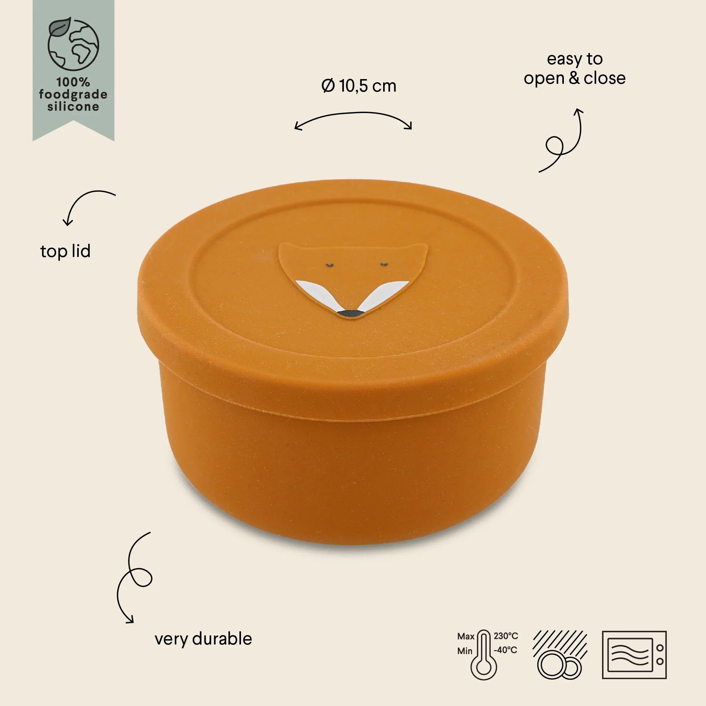 Recipiente de silicona naranja para snacks con tapa, diseño de cara de zorro, apto para lavavajillas y microondas