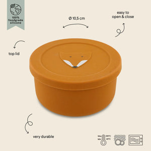 Récipient à goûter en silicone orange avec couvercle, motif renard, compatible lave-vaisselle et micro-ondes