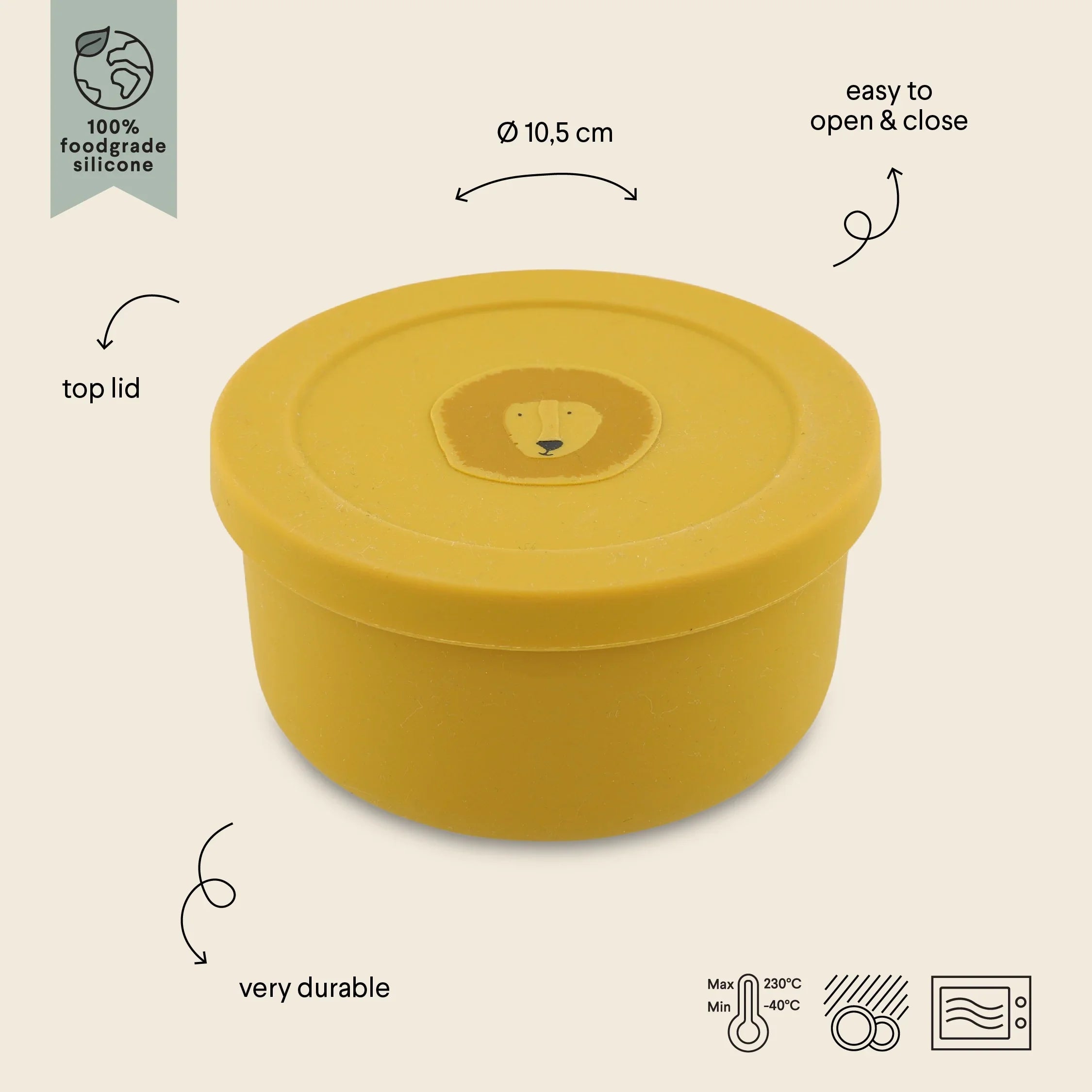 Récipient à goûter en silicone jaune avec couvercle, motif lion, qualité alimentaire, lavable au lave-vaisselle