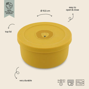Récipient à goûter en silicone jaune avec couvercle, motif lion, qualité alimentaire, lavable au lave-vaisselle