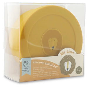Récipient à goûter en silicone jaune avec couvercle, motif lion, qualité alimentaire, pour enfants de 4 mois et plus