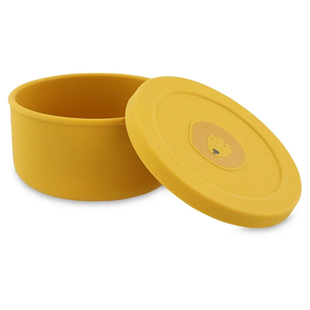 Récipient à goûter en silicone jaune avec couvercle, motif lion, forme ronde