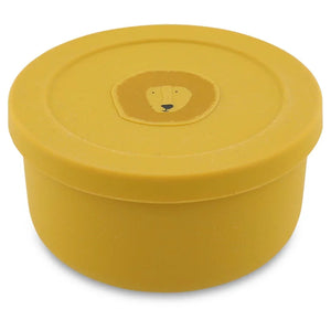 Récipient à goûter en silicone jaune avec couvercle et motif tête de lion