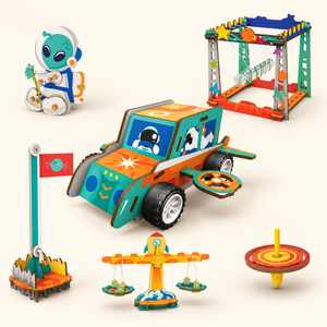 Six space-themed STEAM mechanics projects including rolling vehicle, astronaut model, pulley lift, pendulum, balance and spinning top