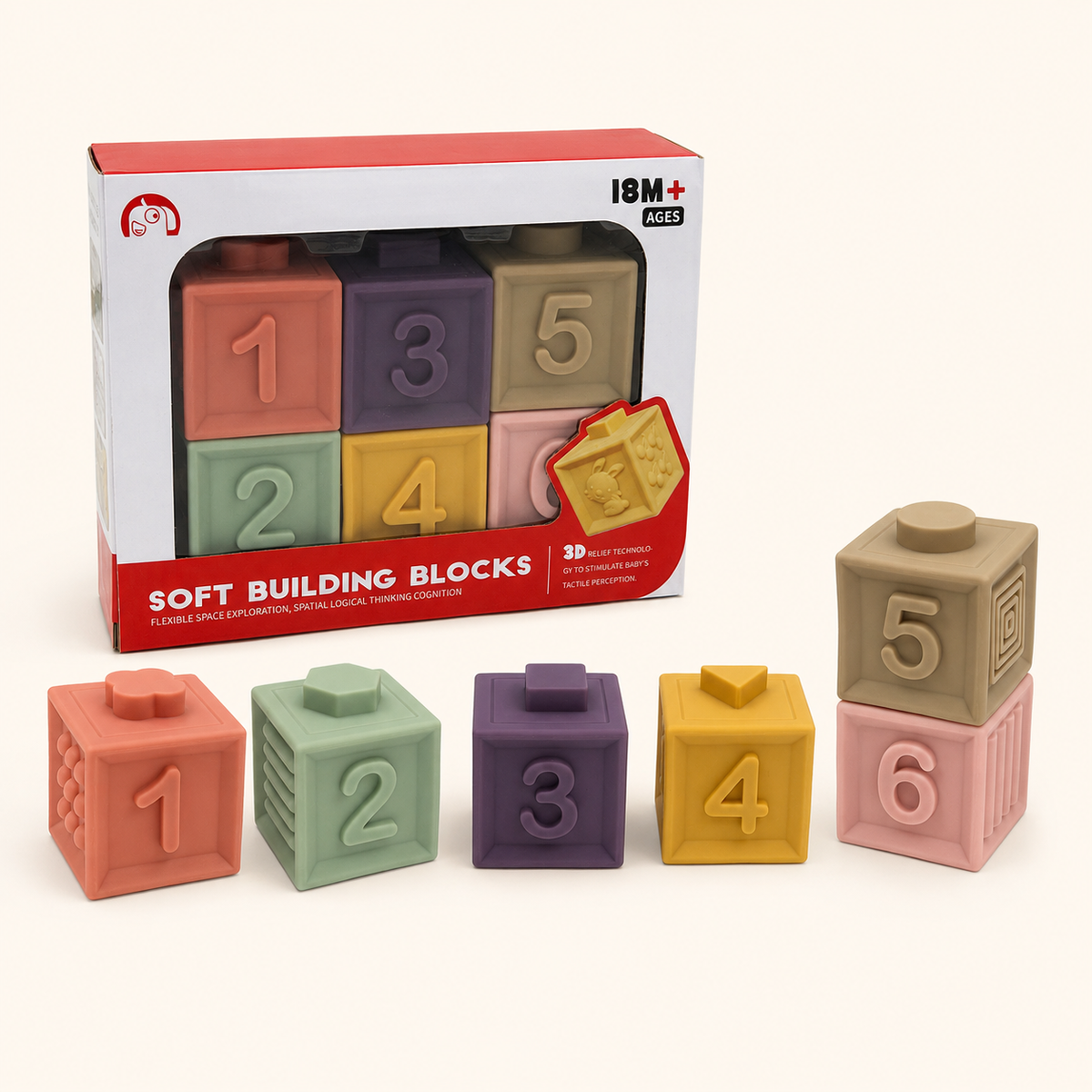 Six soft silicone sensory building blocks numbered 1 to 6 in pastel colours with original 18M+ packaging