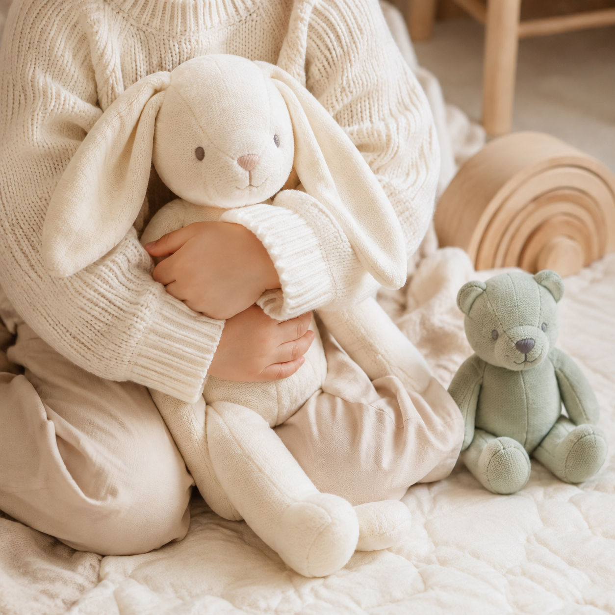 A group of fluffy white and tan alpaca plush toys sitting on a textured pink blanket during an outdoor picnic, with a woven basket of flowers and a yellow pom-pom blanket in the background.