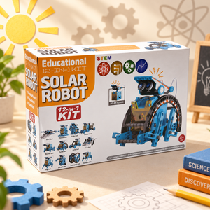 Educational Solar Robot 12-in-1 kit displayed in bright science-themed children’s study space