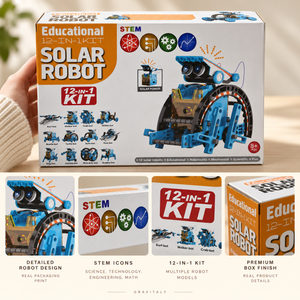 12-in-1 Solar Robot kit packaging with close-up details of robot design, STEM icons and model options