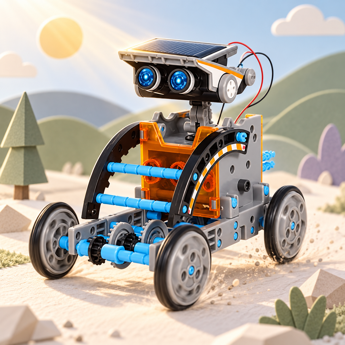 Assembled solar robot moving in sunlight with solar panel on top