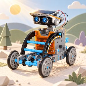 Assembled solar robot moving in sunlight with solar panel on top