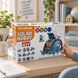 12-in-1 Solar Robot kit displayed on children’s study desk with STEM learning décor