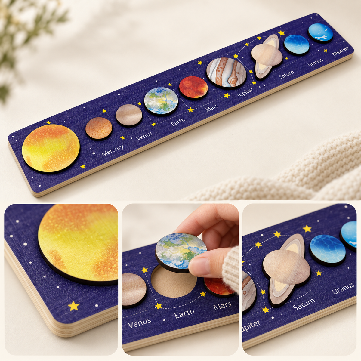 Close-up collage of wooden Solar System puzzle showing removable Earth, Saturn, Sun and labelled planet board