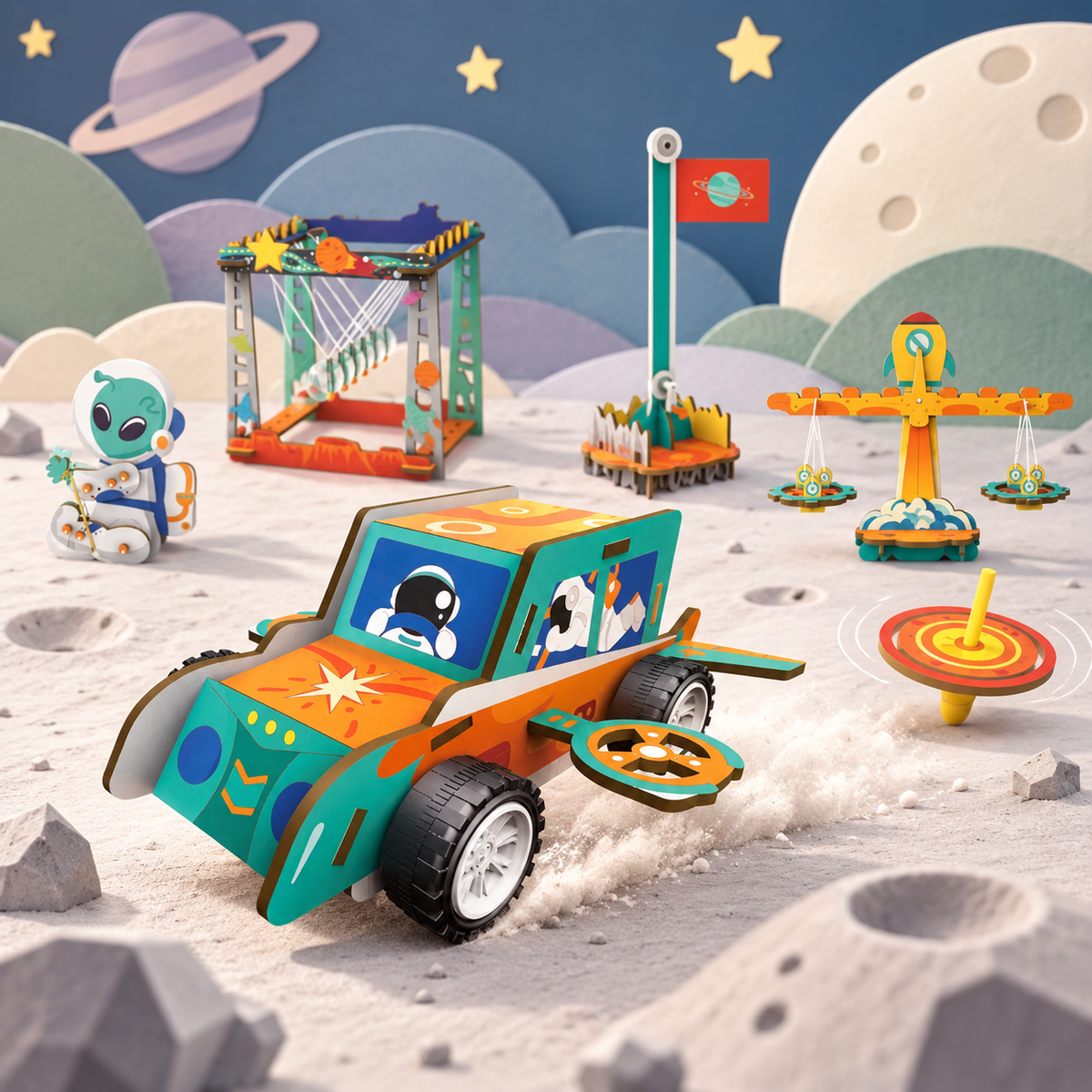 Six colourful space-themed mechanics experiments displayed on a moon-inspired play scene