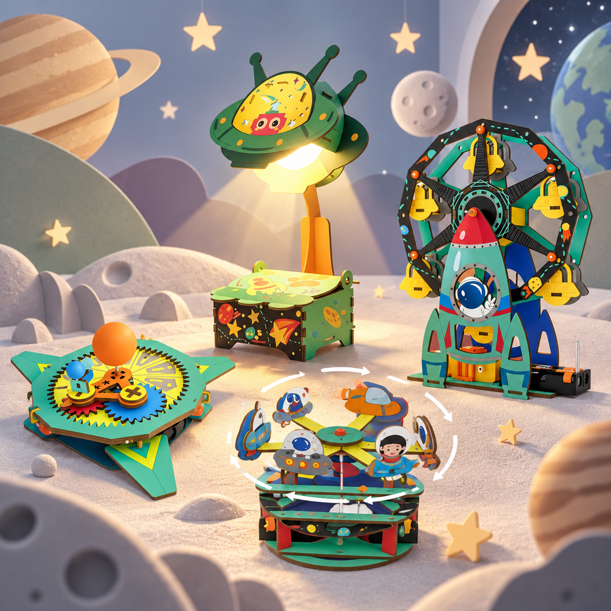 Space-themed STEAM models with glowing UFO lamp, Ferris wheel, planetary mechanism and rotating astronaut carousel