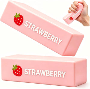 Pink strawberry-themed squishy butter with a hand holding one of them on a white background