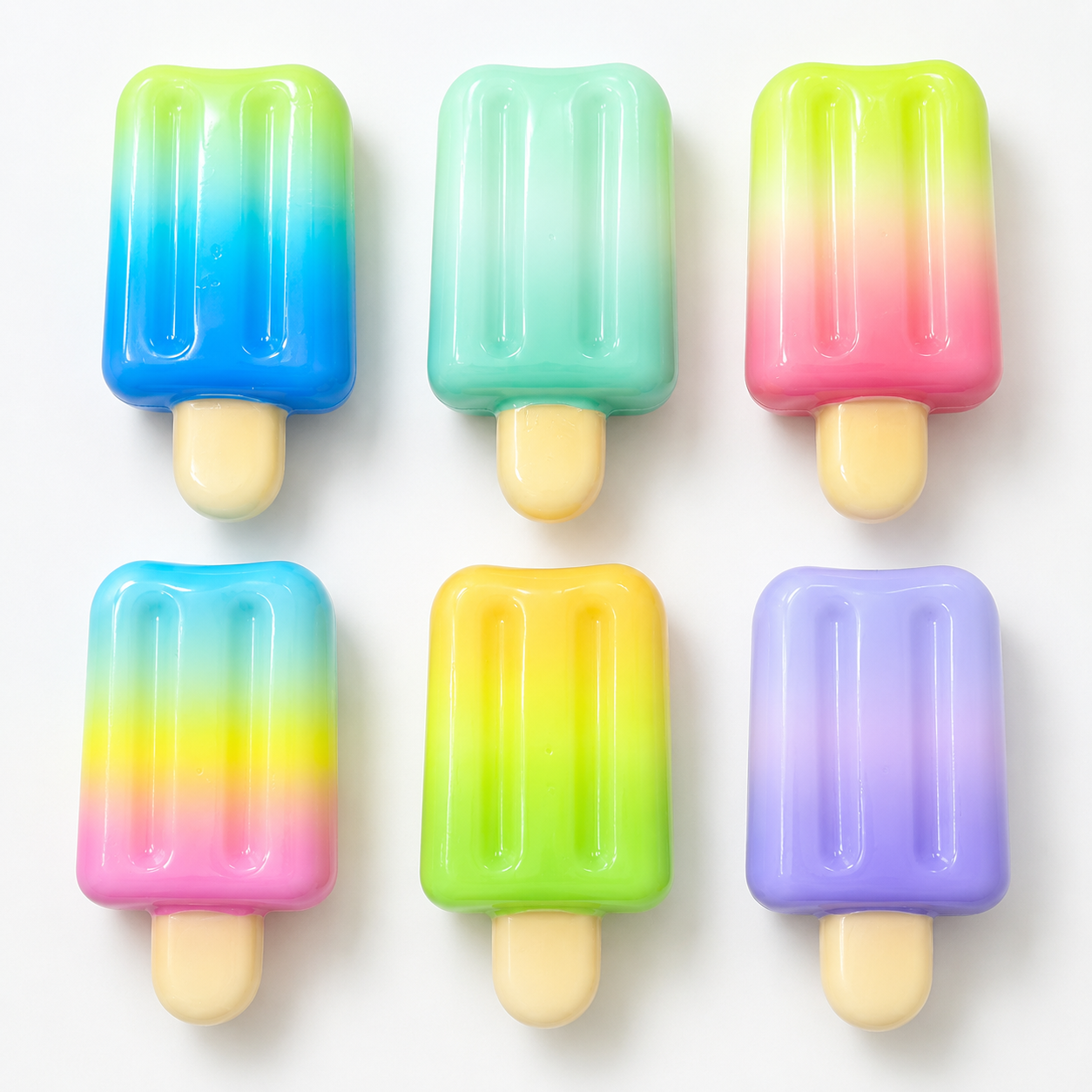 Six colorful popsicle-shaped squishy ice-creams arranged in two rows on a plain white background. Each popsicle has a smooth gradient color treatment with different color combinations including blue, green, pink, yellow, and purple, with beige wooden-style sticks.
