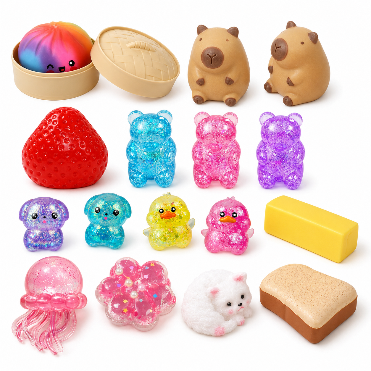 A set of cute, slow-rising squishy toys shaped like everyday foods and animals, including a rainbow-colored dumpling, two hamsters, a strawberry, four glittery bears, a yellow duck, a butter block, a pink jelly, a pink flower, a white cat, and a slice of toast, all arranged on a clean white background.