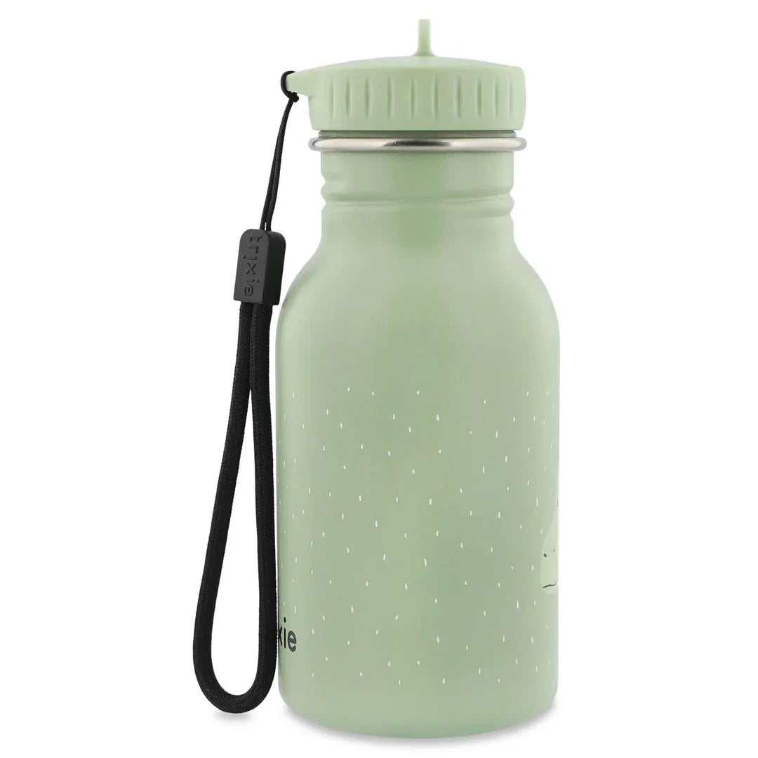 Gourde inox vert pastel à pois, bouchon à vis et dragonne noire.