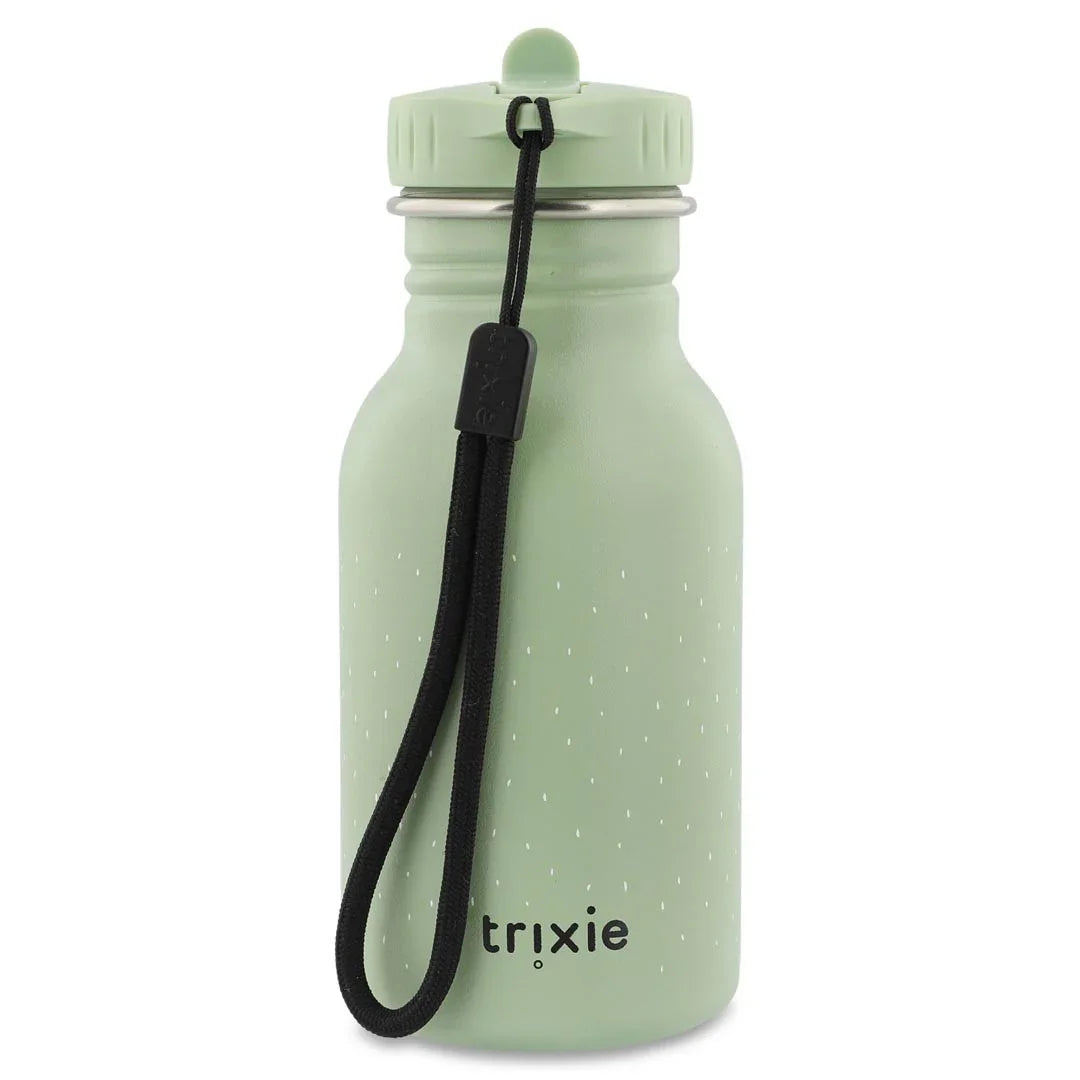 Gourde inox vert sauge à pois, sangle noire et logo Trixie.