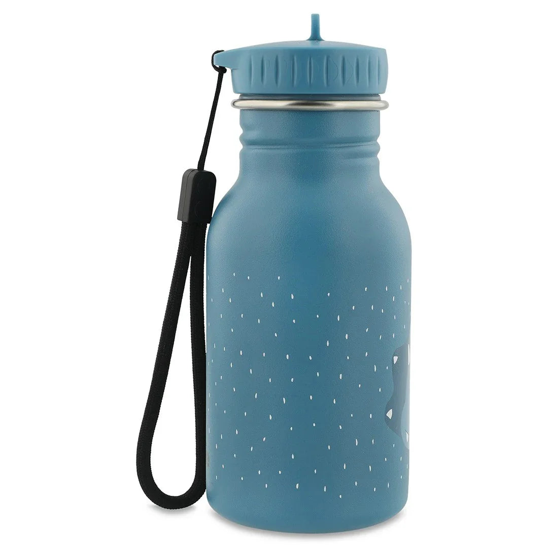 Gourde inox bleue 350ml à pois, avec sangle en silicone et bouchon anti-fuite.