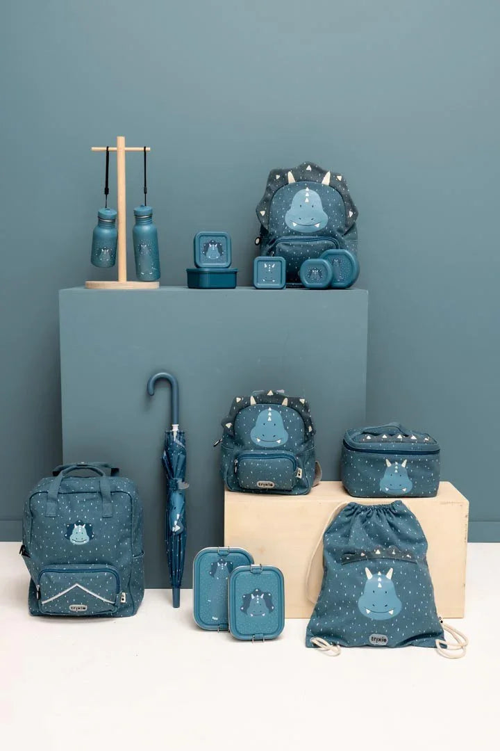 Gourdes en inox bleues pour enfants avec sac à déjeuner, sac à dos, parapluie et contenants assortis à motif tricératops