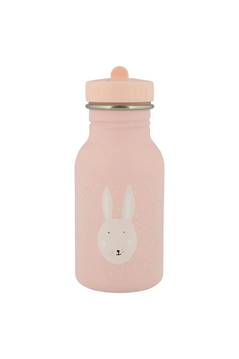pink stainless steel water bottle with bunny face illustration and screw cap
