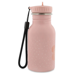 Gourde inox rose à pois avec bouchon et sangle noire.