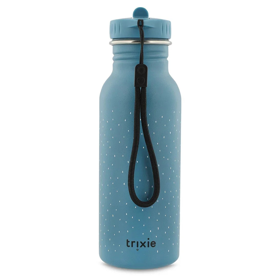 Blue stainless steel water bottle with dotted pattern, loop strap, and Trixie logo