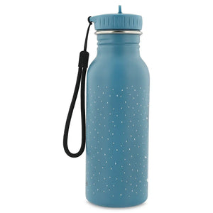Blue stainless steel water bottle with white dot pattern and black carrying strap