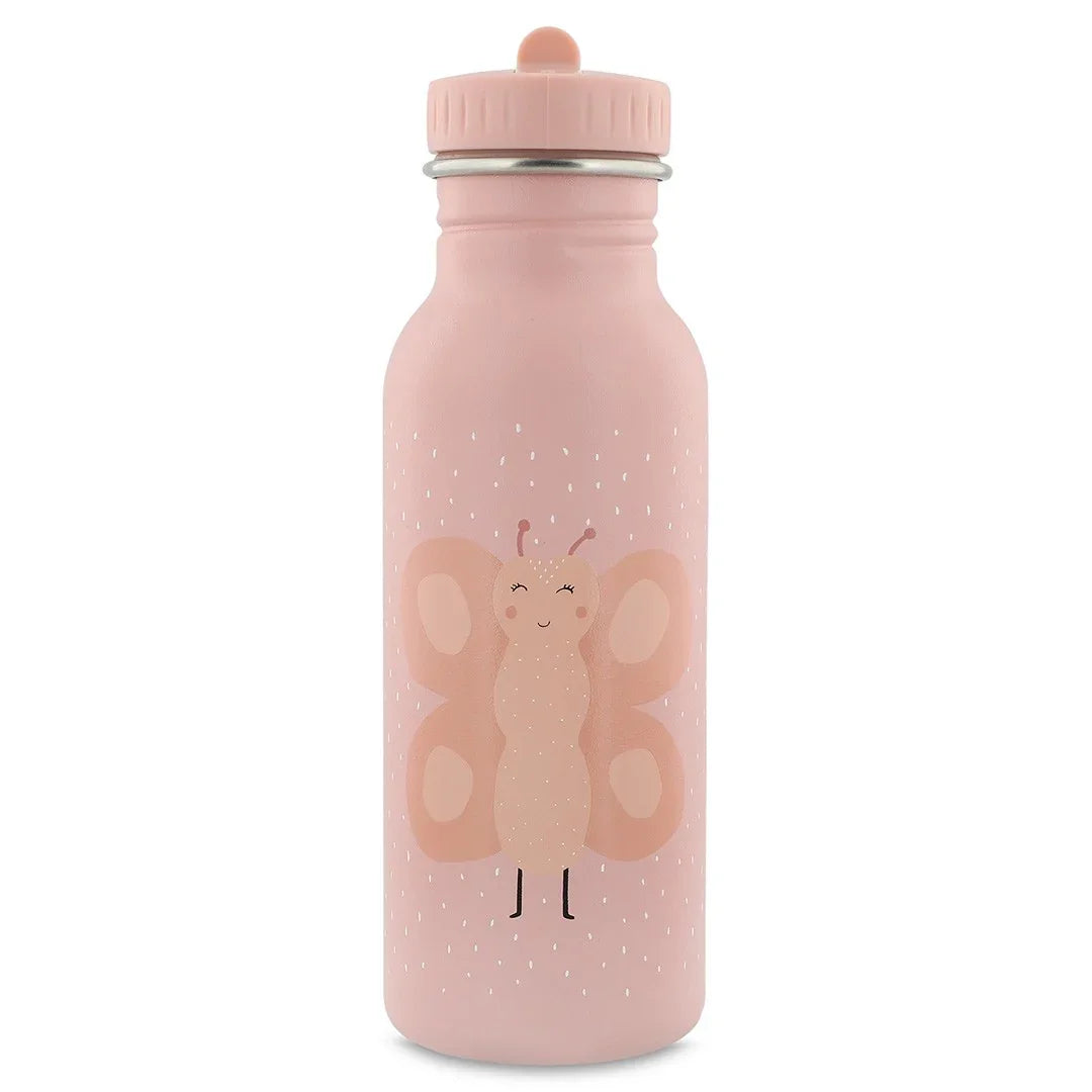 Botella de agua de acero inoxidable rosa con ilustración de mariposa y patrón de puntos