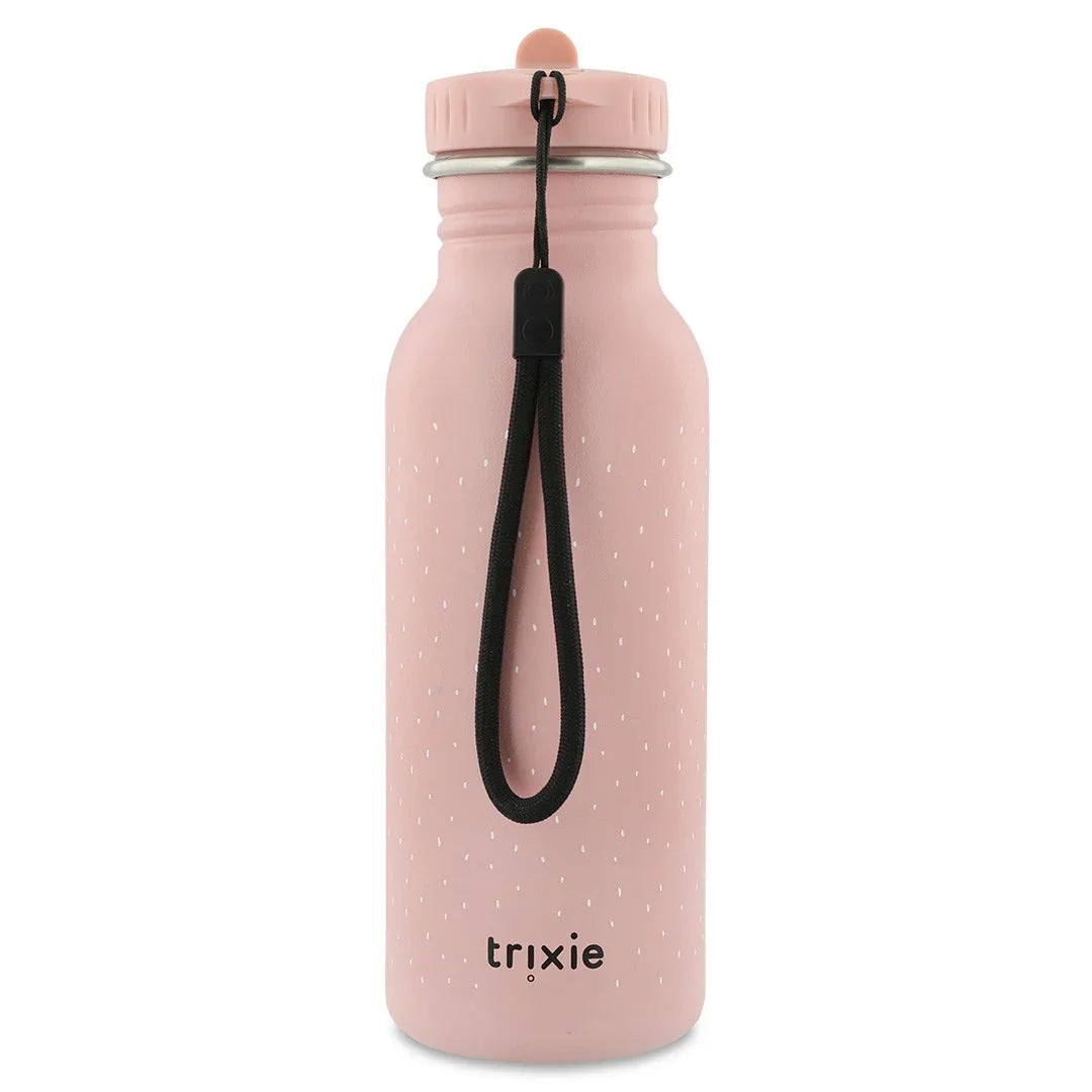 Gourde en inox rose à pois blancs, dragonne noire et logo Trixie