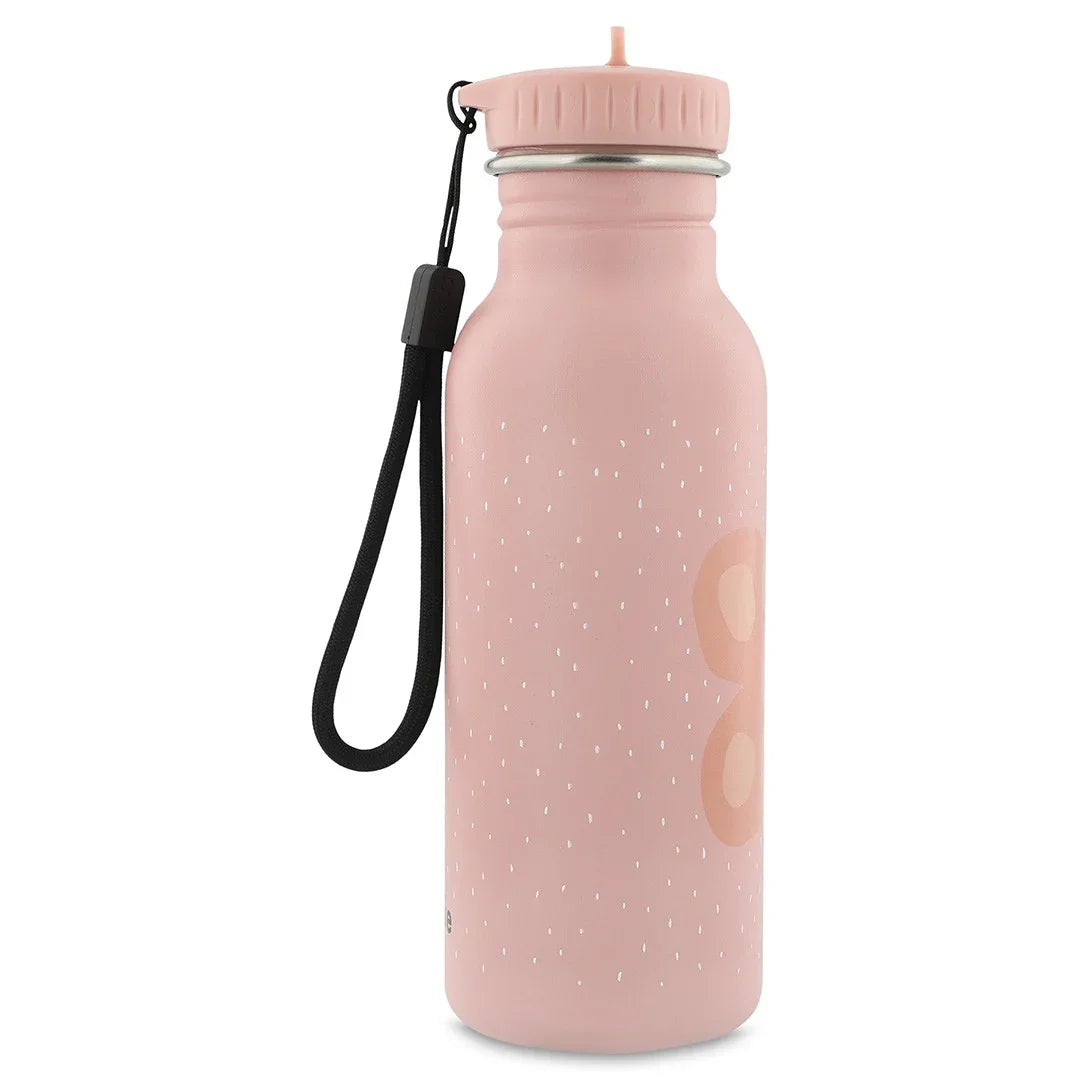 Gourde en inox rose avec discret motif pois blancs et dragonne noire