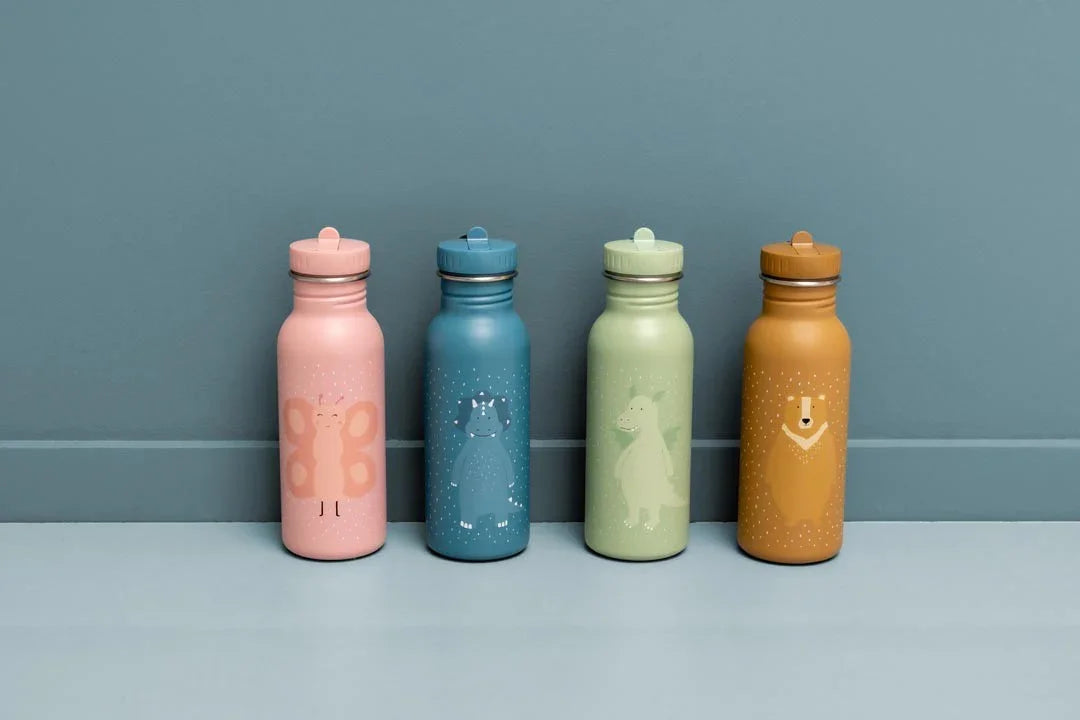 Set de quatre gourdes inox 500ml aux tons pastel avec illustrations d'animaux.