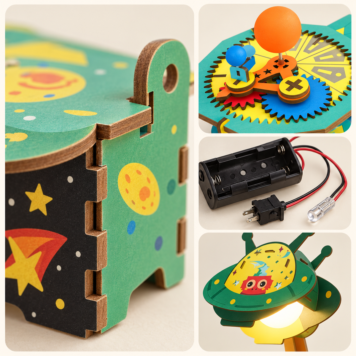 Close-up collage of STEAM electricity kit showing wooden joints, gears, battery holder, switch, LED and UFO lamp
