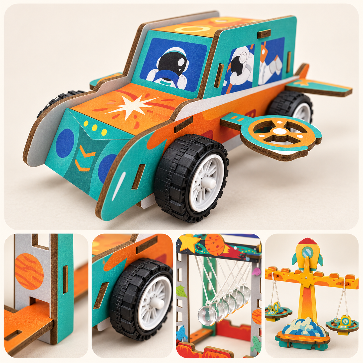 Close-up collage of 6-in-1 mechanics kit showing space vehicle, wooden joints, wheels, Newton-style pendulum and balance model